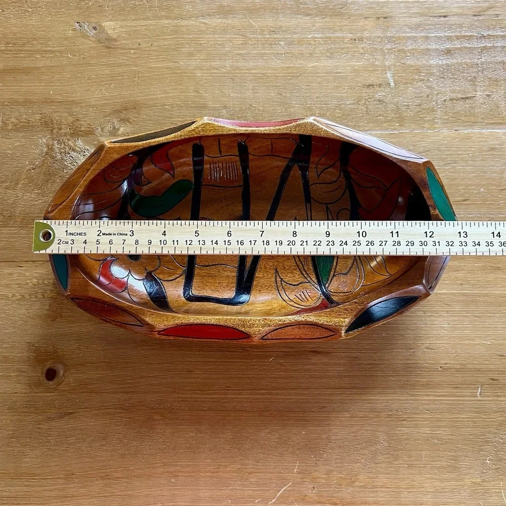 Vintage Hand Carved Wood Fruit Bowl Painted Floral Folk Art Decorative